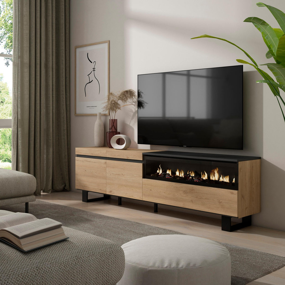 Skraut Home | Mueble TV | Televisión | Muebles de salón, almacenaje | 200x57x35cm | para TV hasta 80" | Chimenea eléctrica | Diseño Industrial | Estilo Moderno | Roble y Negro