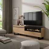 Skraut Home | Mueble TV | Televisión | Muebles de salón, almacenaje | 200x57x35cm | para TV hasta 80" | Chimenea eléctrica | Diseño Industrial | Estilo Moderno | Roble y Negro