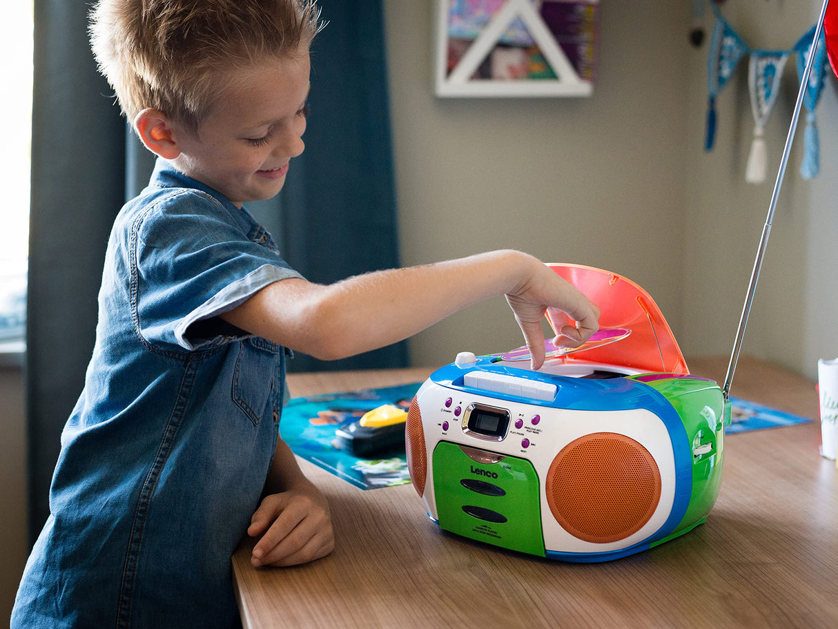 Lenco SCD-971 -Radio Infantil - Radio Casete con CD - Radio CD - Lector de Casete - Altavoces estéreo - Toma de Auriculares - Memoria de Pistas - Multicolor, Colorido
