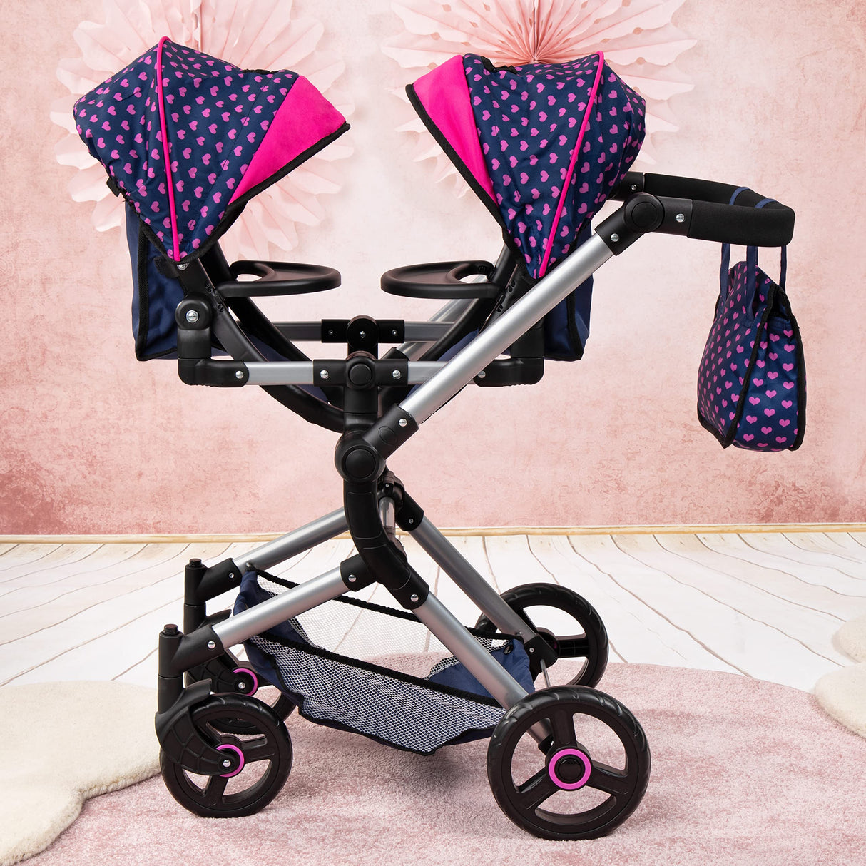 Bayer Design 26254AA Cochecito de Muñeca Gemelas, Carrito Paseo para muñecos, Ajustable en Altura, Plegable, con la Bolsa de Bandoler, Azul con Unicornio y Corazones