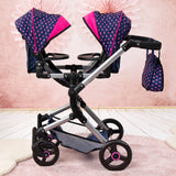 Bayer Design 26254AA Cochecito de Muñeca Gemelas, Carrito Paseo para muñecos, Ajustable en Altura, Plegable, con la Bolsa de Bandoler, Azul con Unicornio y Corazones