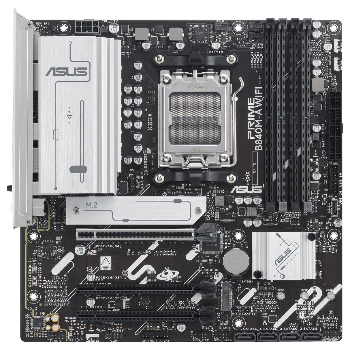 ASUS Prime B840M-A WiFi - Placa Base AMD B840 mATX, DDR5, PCIe 4.0 Ready, Tres Ranuras M.2, Wi-Fi 6E, Realtek 2.5Gb Ethernet, DisplayPort, HDMI, USB Tipo-C 5 Gbps, BIOS Flashback, Aura Sync