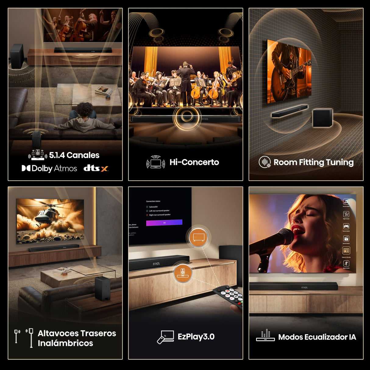 Hisense AX5140Q - Barra de Sonido 5.1.4, 600W, 13 Altavoces, Subwoofer y Altavoces Traseros Inalámbricos, Dolby Atmos, DTS:X, Ecualizador IA, Calibración Automática, Hi-Concerto, EzPlay 3.0