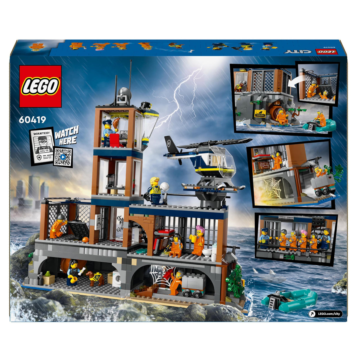 LEGO City Isla Prisión de la Policía, Regalo de Cumpleaños para Niños y Niñas de 7 Años o Más, Helicóptero, Barco, Lancha y Cárcel de Juguete, 7 Minifiguras y Figuras de Animales Perro y Tiburón 60419
