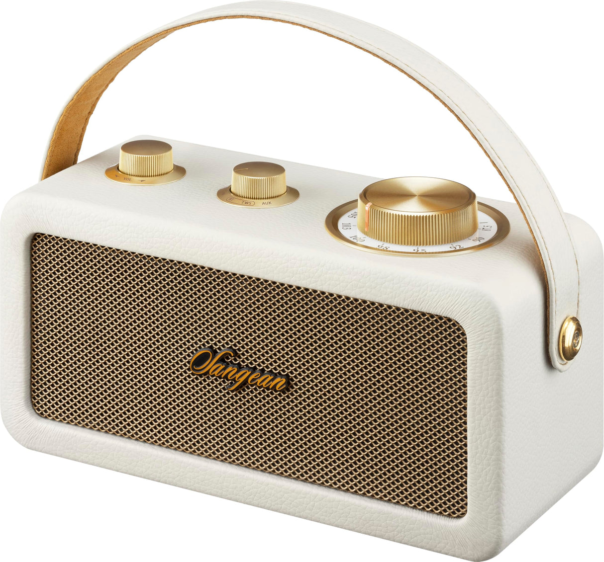 SANGEAN RA-101 Ivory Gold.Altavoz portátil con diseño Retro de Madera y Piel sintética. Bluetooth 5.0. Autonomía 19 Horas con una Carga Completa. AUX-in para Fuentes de Audio externas.