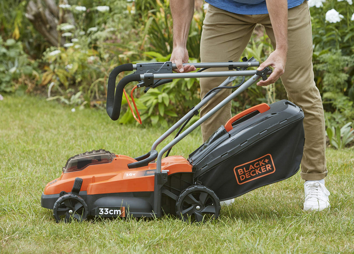 BLACK+DECKER BCMW3336N-XJ - Cortacésped eléctrico de 36V, Ancho de corte de 33 cm, 5 alturas ajustables de 25 a 65 mm, Cuchilla de acero, Ideal hasta 600m², Depósito 35L, No incluye batería/cargador