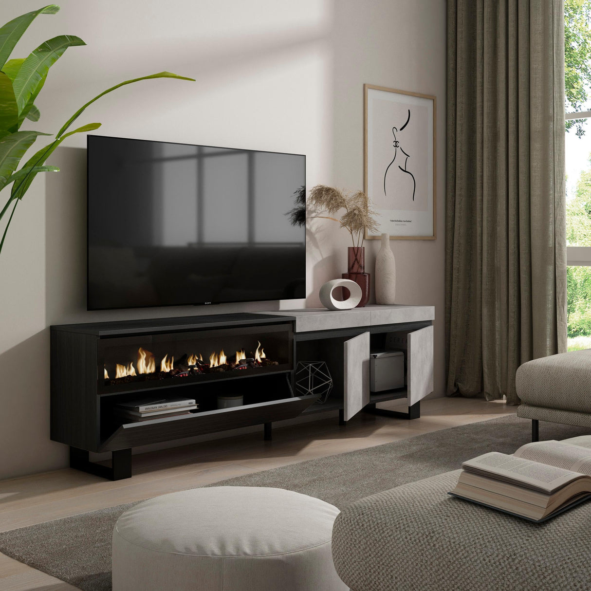 Skraut Home | Mueble TV | Televisión | Muebles de salón, almacenaje | 200x57x35cm | para TV hasta 80" | Chimenea eléctrica | Diseño Industrial | Estilo Moderno | Cemento