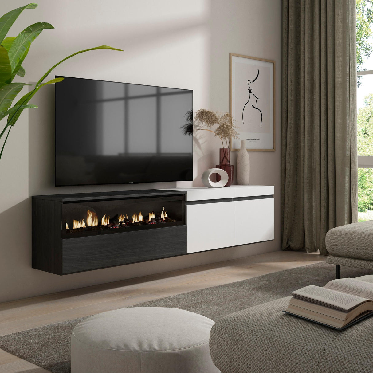 Skraut Home | Mueble TV | Televisión | Muebles de salón, almacenaje | 200x45x35cm | para TV hasta 80" | Chimenea eléctrica | Colgado, Suspendido | Estilo Moderno | Blanco y Negro