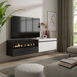 Skraut Home | Mueble TV | Televisión | Muebles de salón, almacenaje | 200x45x35cm | para TV hasta 80" | Chimenea eléctrica | Colgado, Suspendido | Estilo Moderno | Blanco y Negro