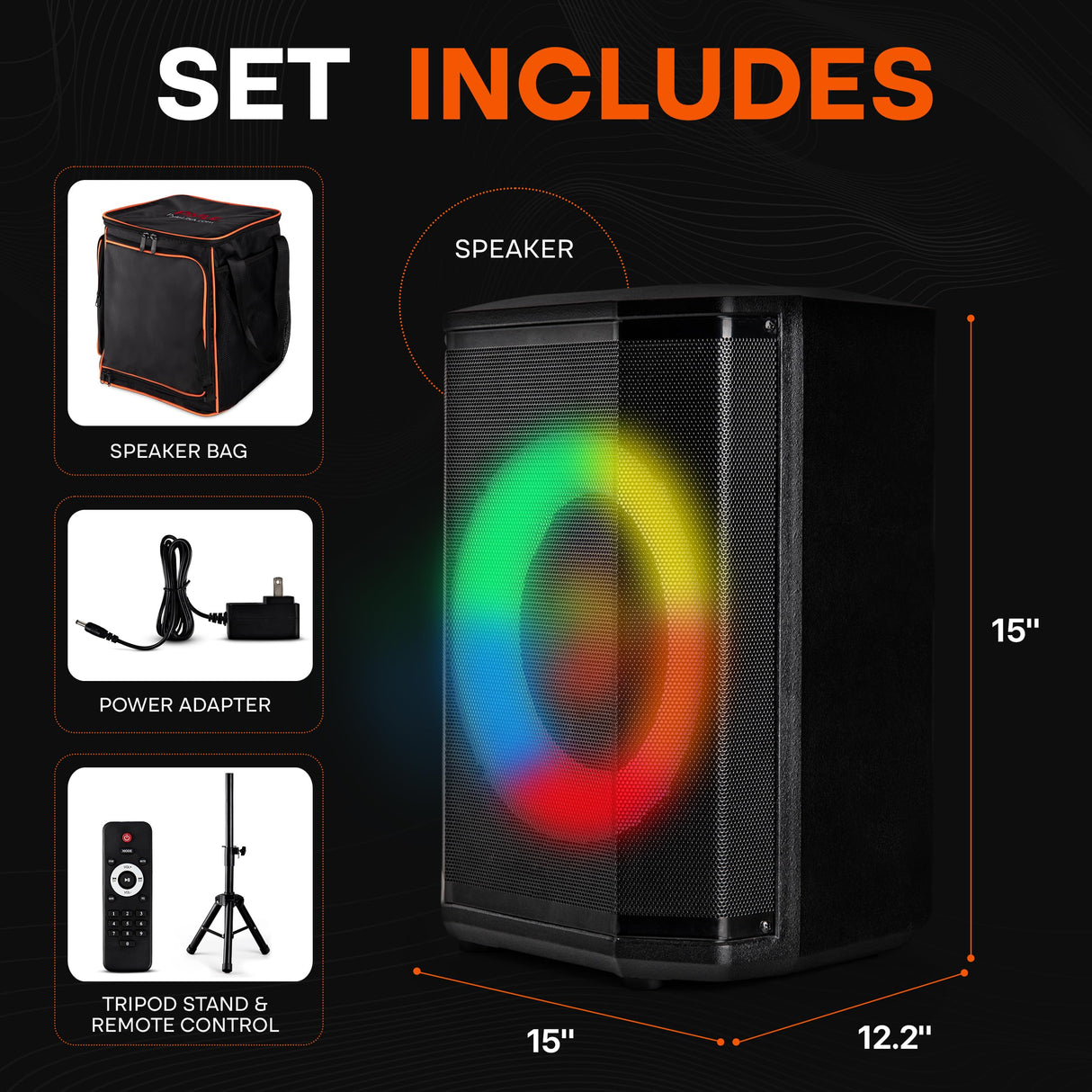 Pyle Portable Bluetooth Speaker with 8" Inch Woofer, TWS, Mic Input, USB/SD/FM Radio, Colorful Ring Lights, 120 W Rechargeable Battery, Tripod Stand & Speaker Bag, Hi-Fi Sound, Outdoor/Indoor Use
