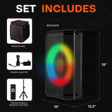 Pyle Portable Bluetooth Speaker with 8" Inch Woofer, TWS, Mic Input, USB/SD/FM Radio, Colorful Ring Lights, 120 W Rechargeable Battery, Tripod Stand & Speaker Bag, Hi-Fi Sound, Outdoor/Indoor Use