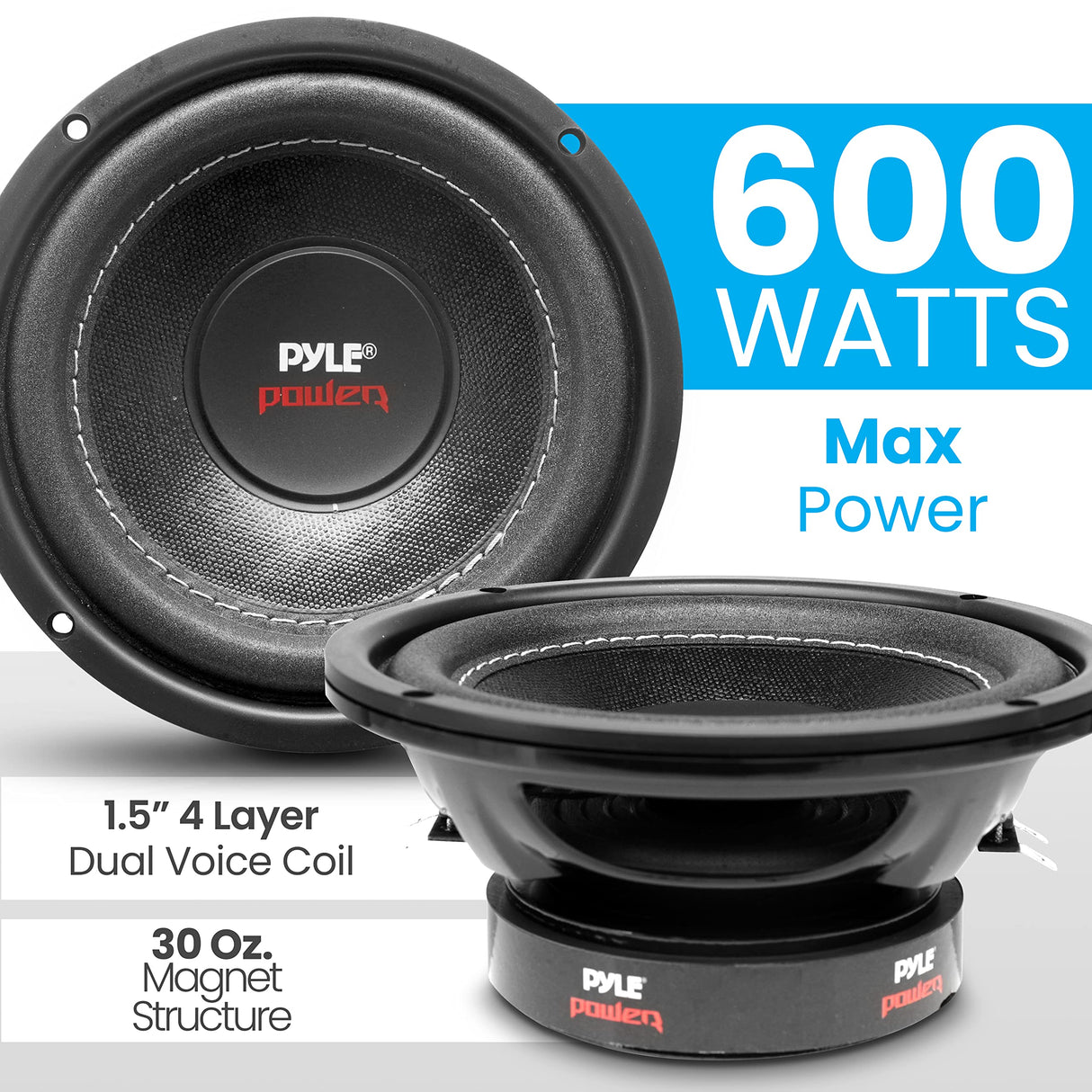 Pyle Altavoz de Audio, 600V, Coche, Subwoofer, Cono de Papel no prensado de 6.5”, Cesta de plastico Negro, Bovina movil Doble, Impedancia de 4 Ohm, Estereo