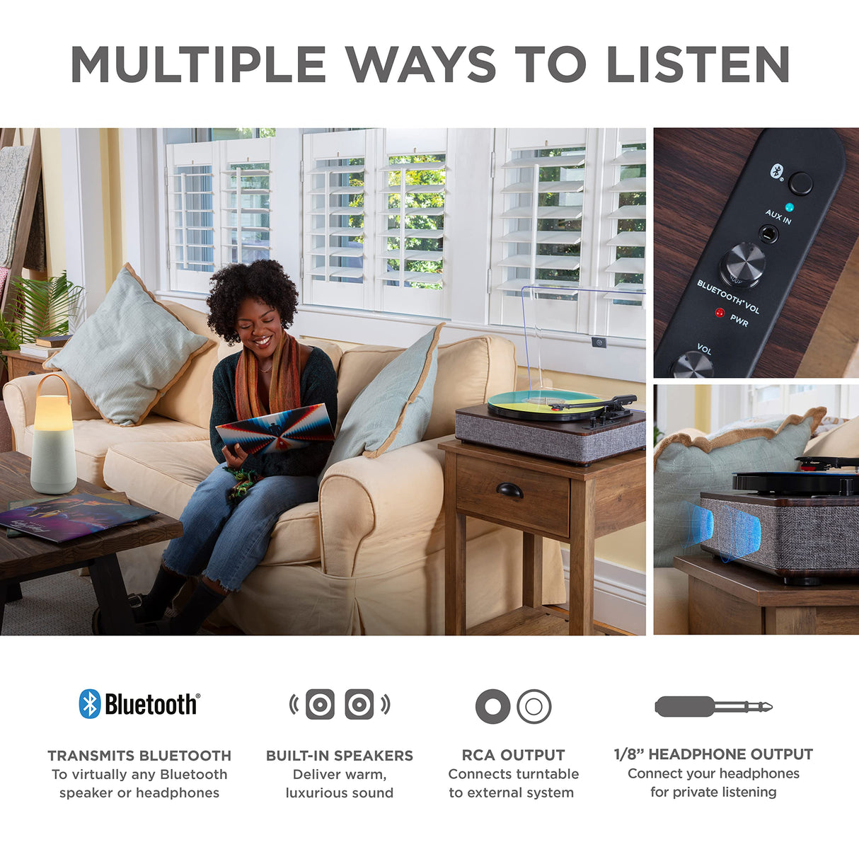 ION Audio Luxe LP - Tocadiscos de Vinilo Bluetooth con Altavoces, conversión USB, Plato de tamaño Completo, Auto-Stop, Salida de Auriculares, 3 velocidades, Madera Tintada