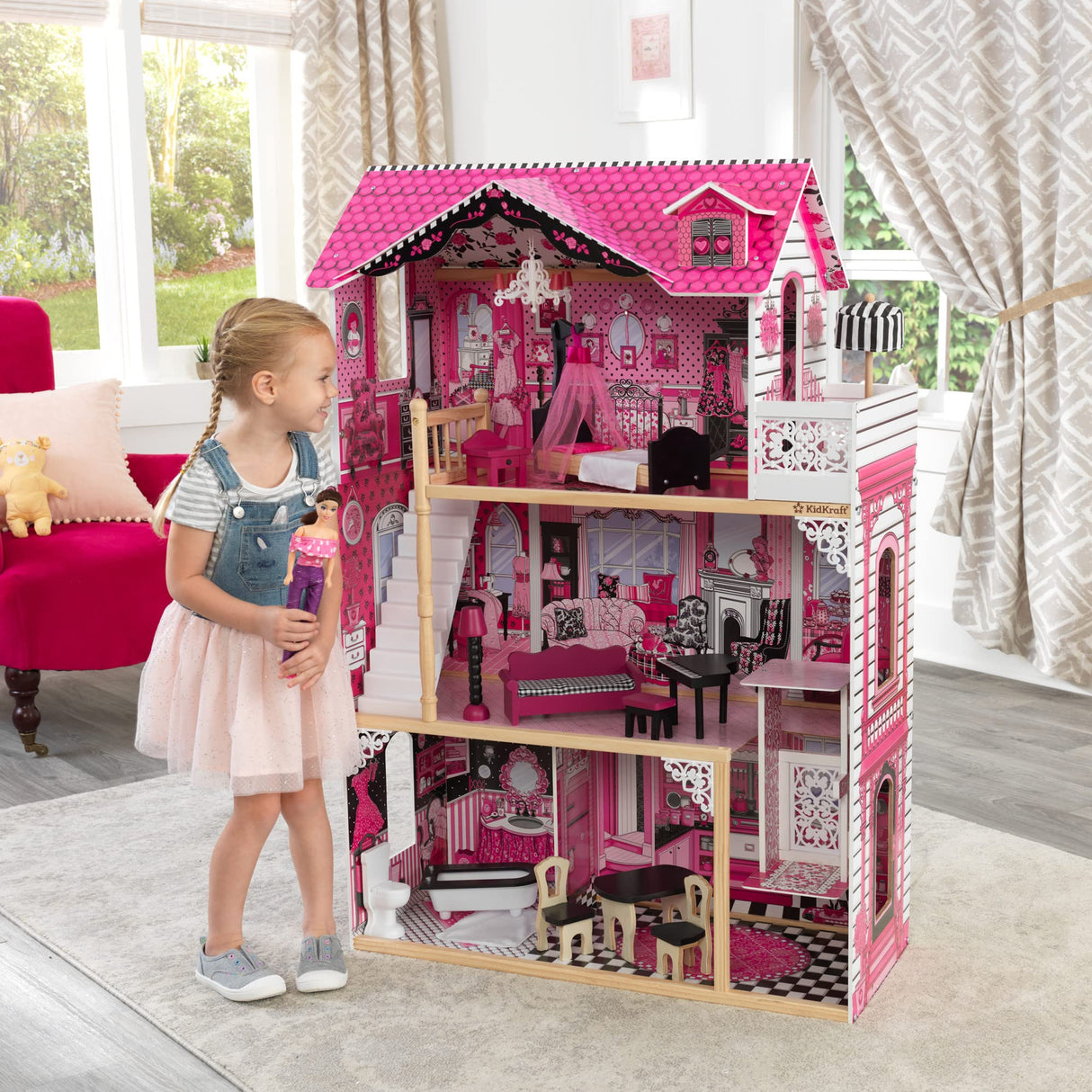 KidKraft Casa de muñecas de Madera Amelia para muñecas de 30 cm con Muebles y Accesorios, Casita de Juguete con Ascensor y balcón, 3 Niveles de Juego, Juguetes niños y niñas Desde 3 años (65093)