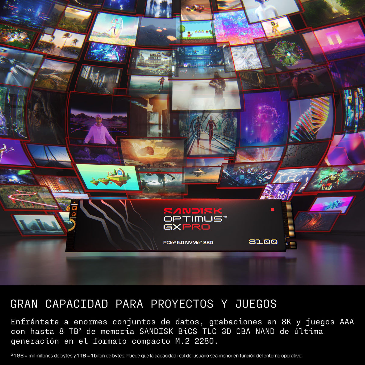 SANDISK Optimus GX Pro 8100 PCIe Gen 5 NVMe SSD 8 TB (velocidades de Lectura/Escritura secuenciales de hasta 14 900/13 200 MB/s, TLC 3D CBA NAND, hasta 4 800 TBW)
