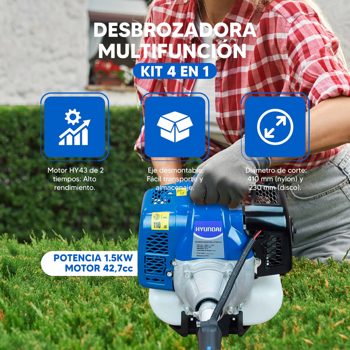 Hyundai Desbrozadora Multifunción 4 en 1 para Jardinería Completa - Herramienta de Corte con Eje Desmontable para Versatilidad - Cortacésped a Gasolina 42,7 CC para Alta Eficiencia de Trabajo