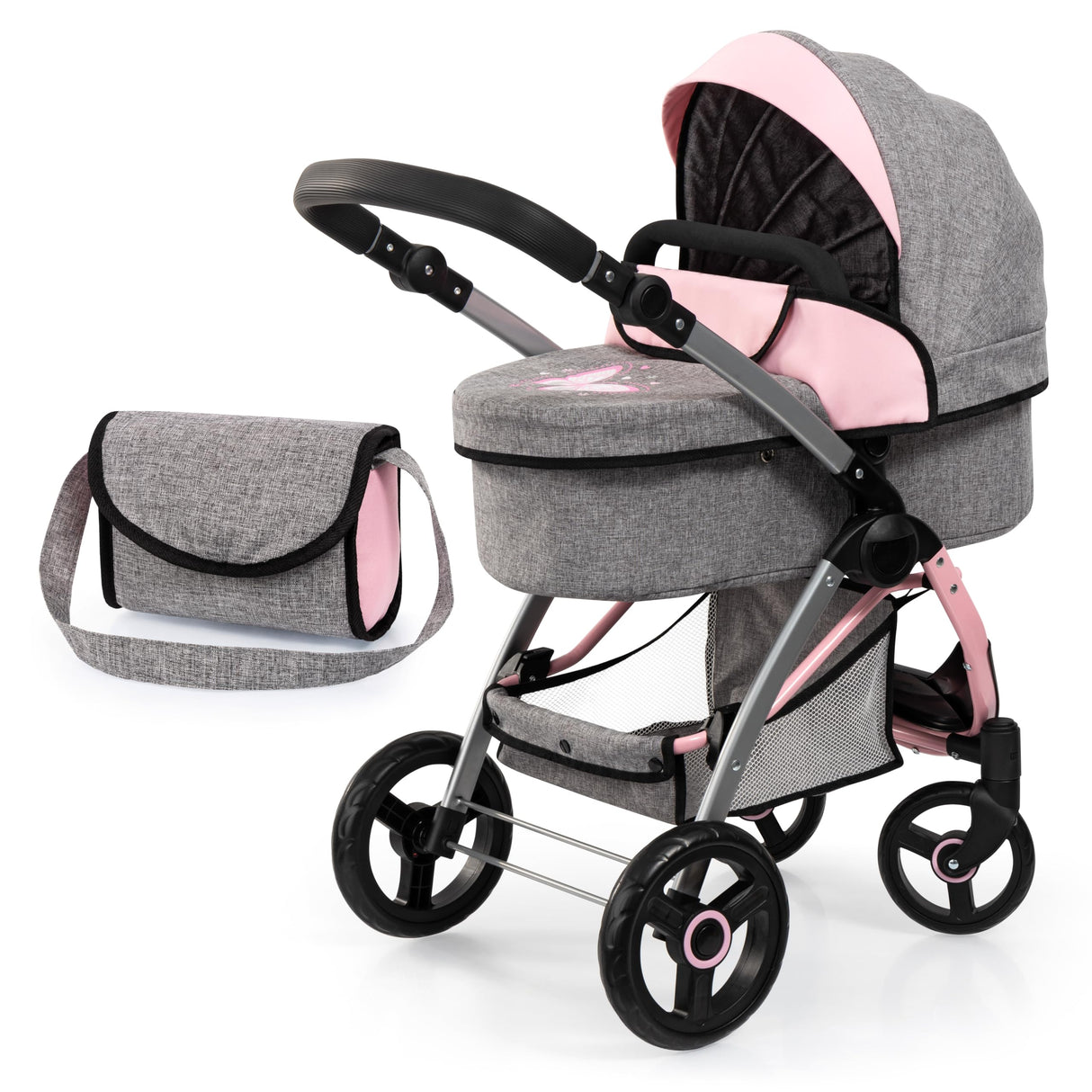 Bayer Design 17533AA Cochecito de muñecas City MAX con Bolsa, Regulable en Altura, Ruedas Delanteras giratorias, Convertible en Silla Paseo, Cesta Integrado