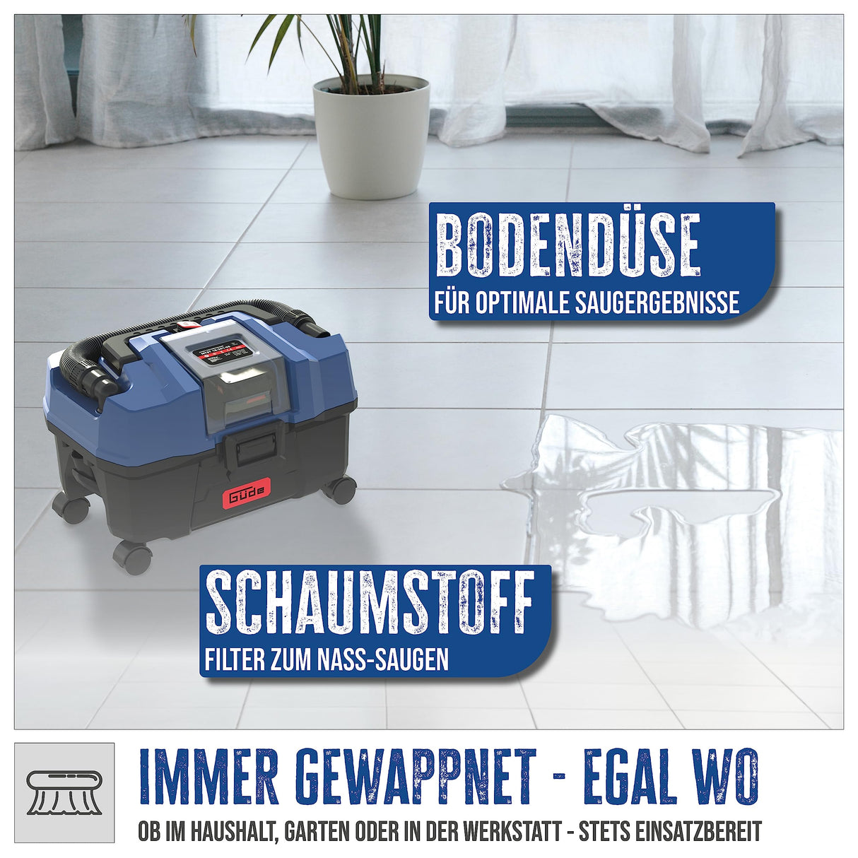 Güde NTST 18-201-05 - Aspirador en seco con batería (depósito de 18 V, 10 L, 4 ruedas, boquilla para suelo y juntas, filtro, incluye batería de 2,0 Ah y cargador)