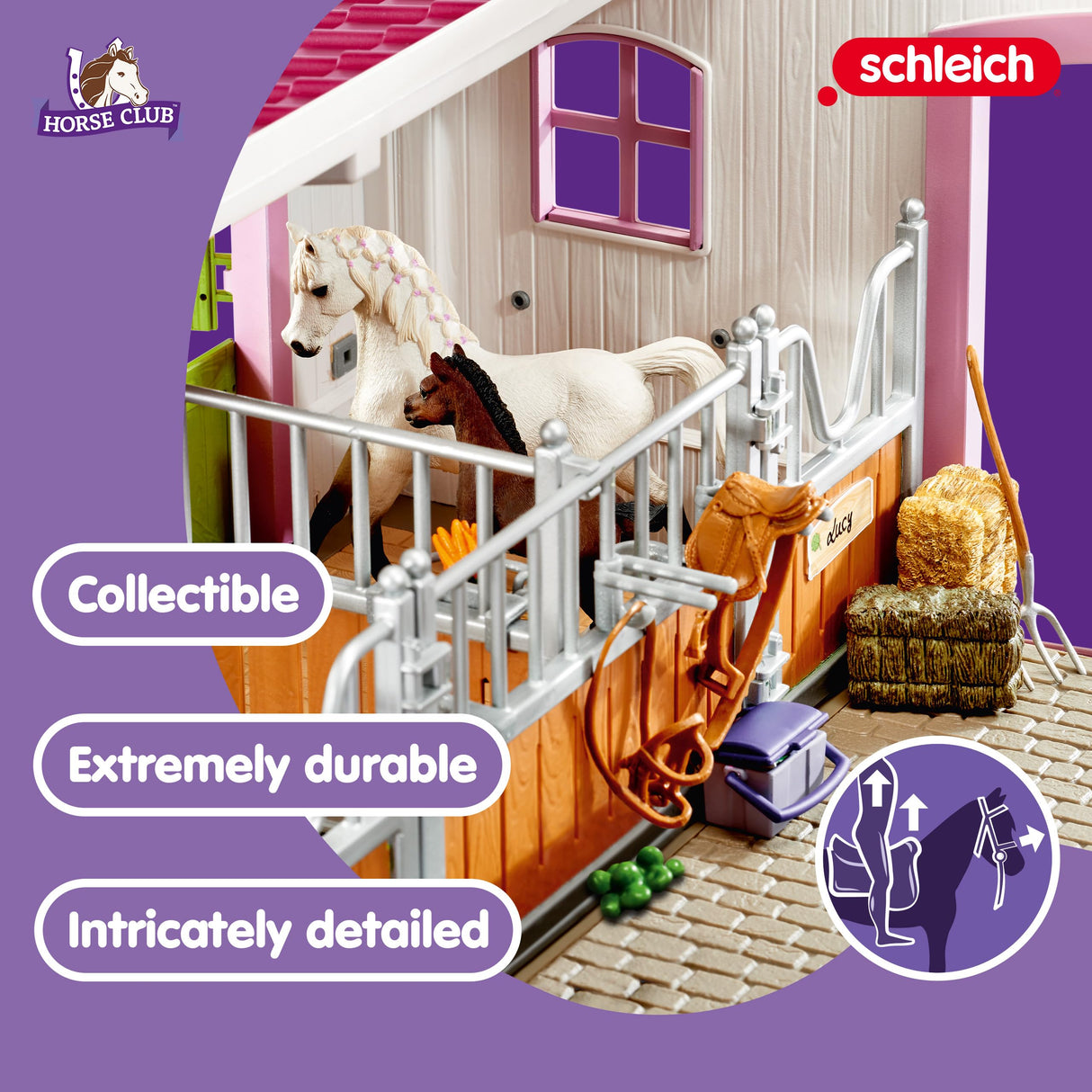 Schleich 42344 Horse Club Establo con Jinete y Caballos, Juego de 97 Piezas con 2 Figuras de Caballos, Figura del Jinete y Muchos Accesorios, Juguete para niños a Partir de 5 años