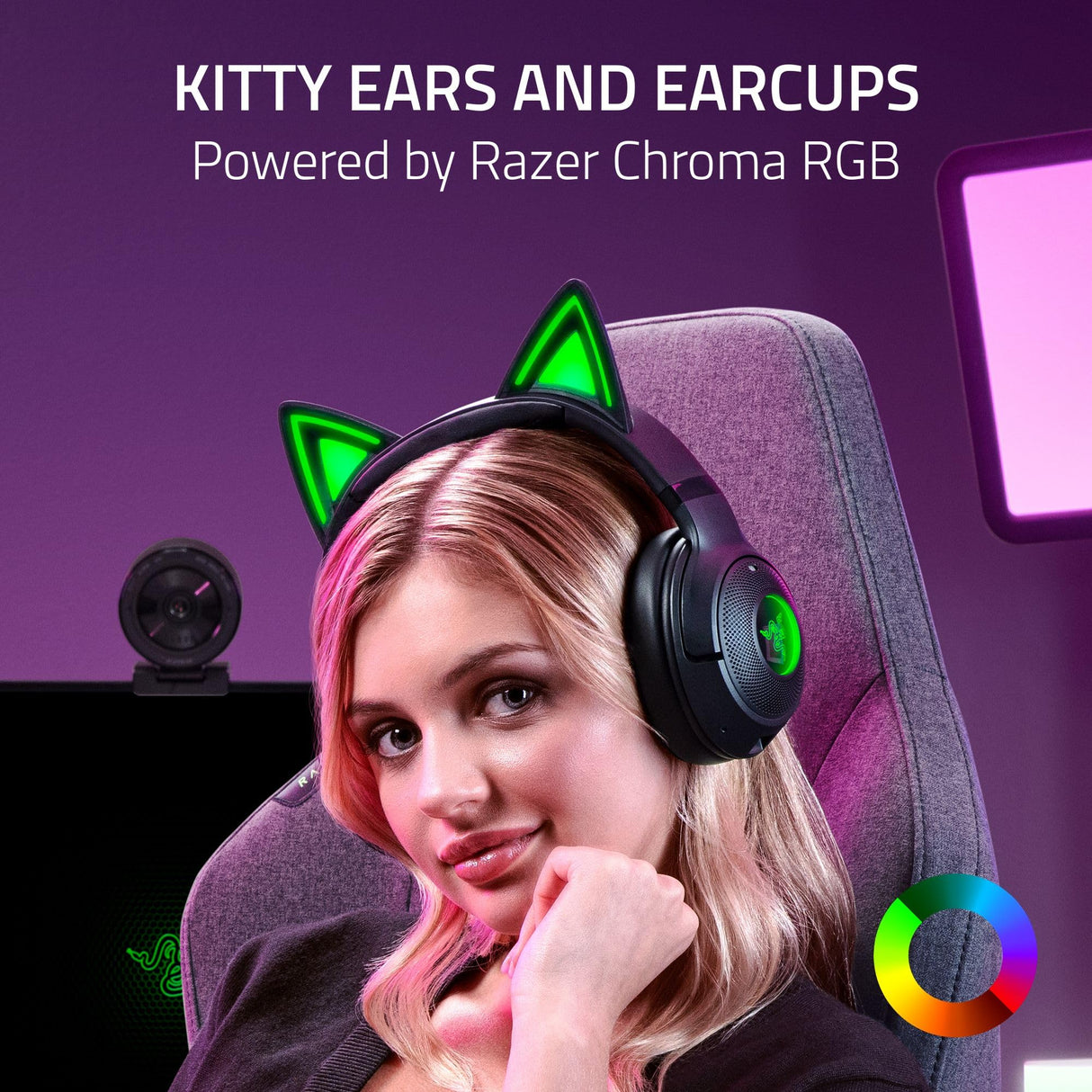 Razer Kraken Kitty V2 BT - Auriculares inalámbricos Bluetooth RGB con Orejas de Gatito para Juegos y Streaming (325g, Triforce de 40mm, Bluetooth 5.2, micrófonos con cancelación de Ruido) Negro