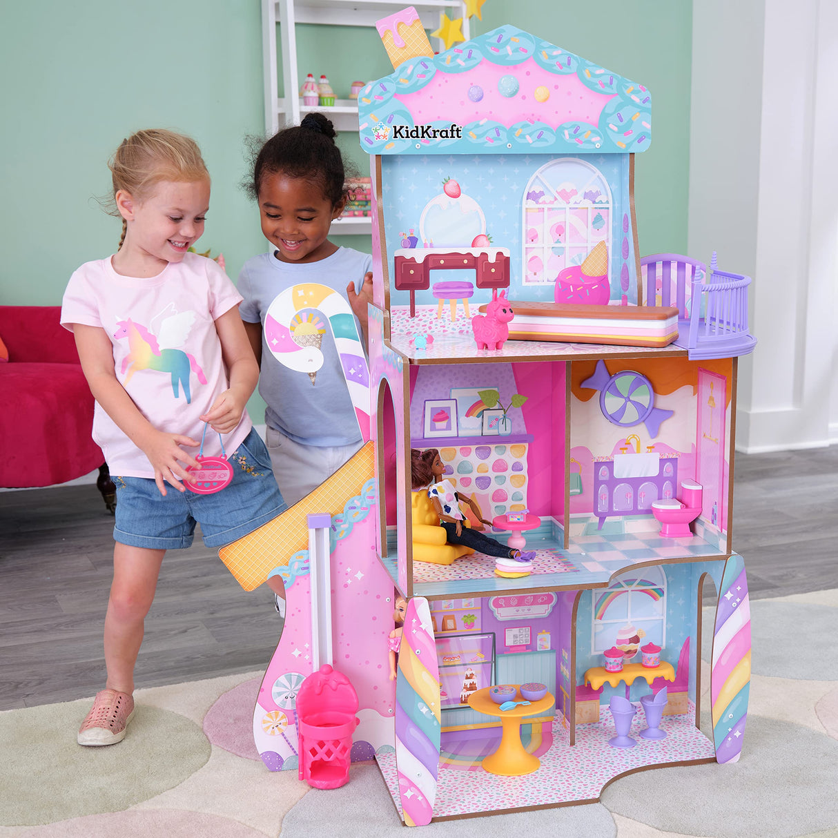 KidKraft Casa de Muñecas de Madera Castillo de Caramelo con Muebles y Accesorios, Casita con Figura de Lama Unicornio, para muñecas de 30 cm, Juguetes niños y niñas 3+ años (20242)