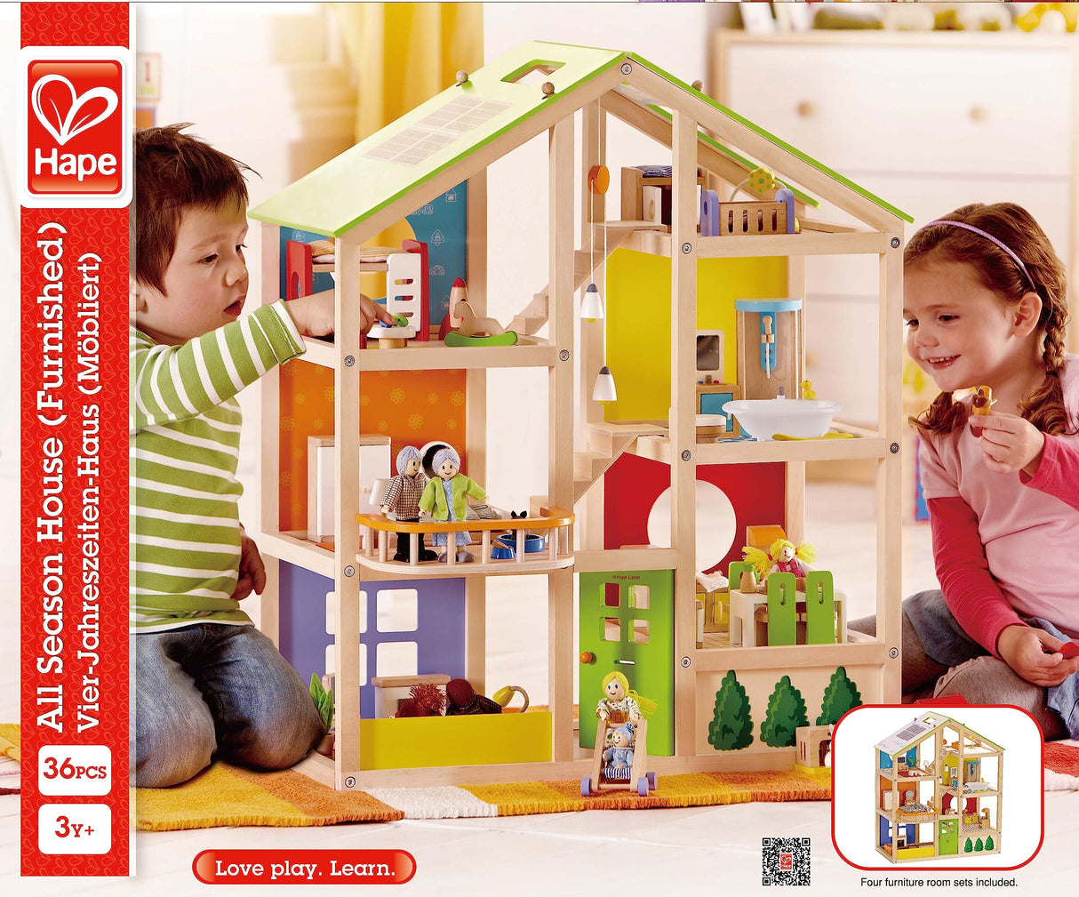 Hape Casa Madera con Muebles para Niños y Niñas| Casa de Muñecas de Juguete Galardonada de 3 Pisos con Muebles, Accesorios, Escaleras Móviles y con Temática de Las Estaciones del Año