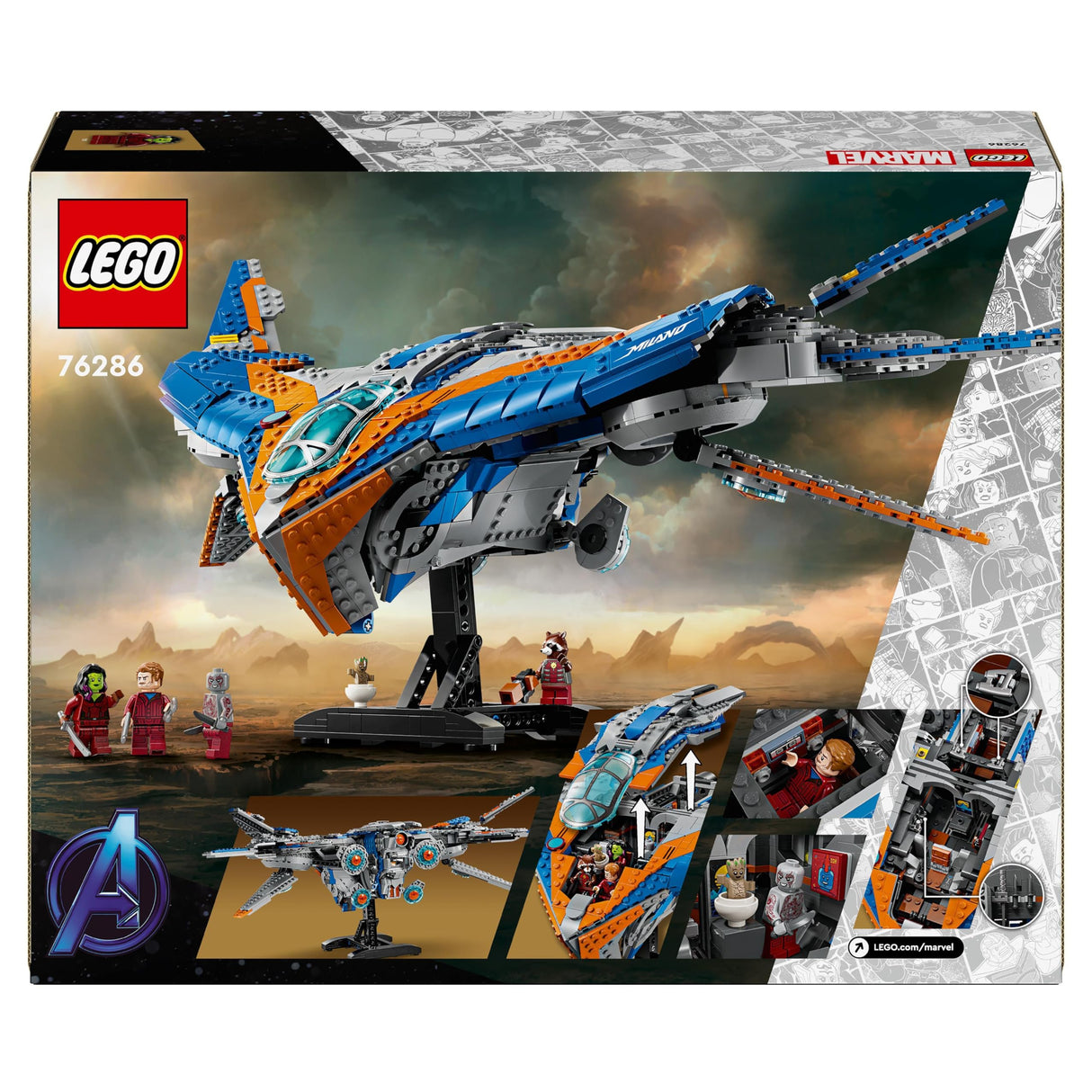 LEGO Marvel Guardianes de la Galaxia: La Milano Nave Espacial de Juguete de Construcción con 4 Minifiguras Inc. Gamora y Star Lord, Figura de Groot, Regalo para Niños y Niñas de 12 Años o Más 76286