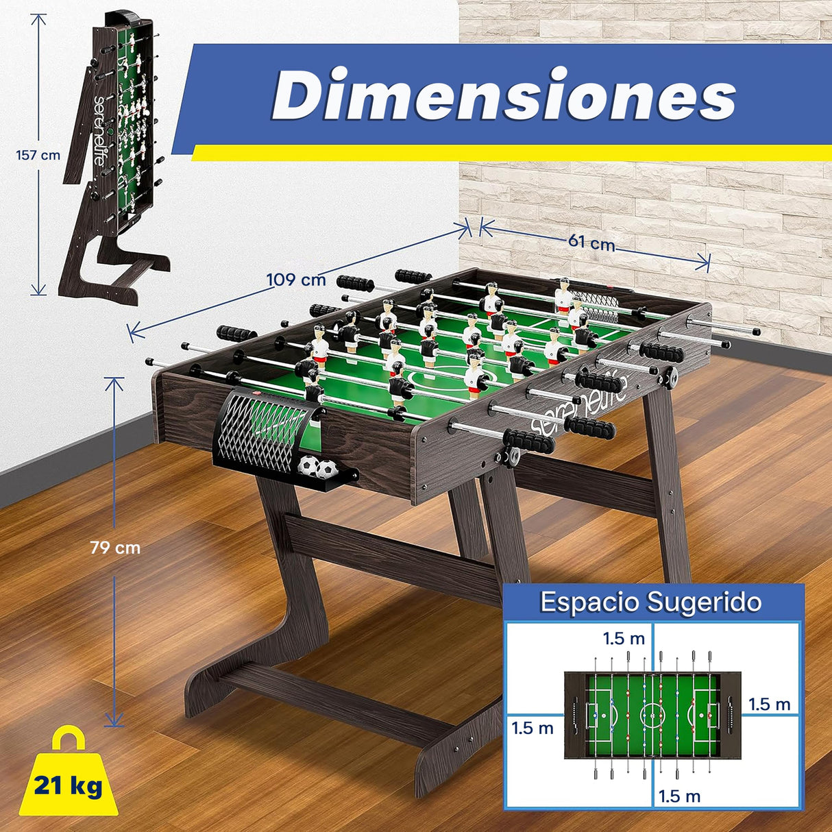 SereneLife futbolín plegable, Tamaño Completo, de 48" con 2 Mini balones, Marcador de puntuación, Patas sólidas y Resistentes, Mesa de fútbol para el hogar