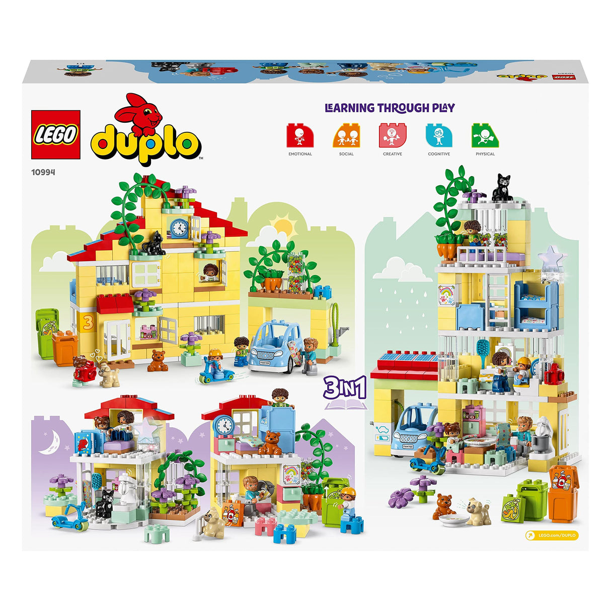 LEGO Duplo Casa Familiar 3en1, Juego Educativo Casa de Muñecas, Juguete para Niñas y Niños de 3 Años o Más, Coche de Juguete, 3 Maneras de Construir, 5 Figuras, 2 Animales, Regalos Niños 10994