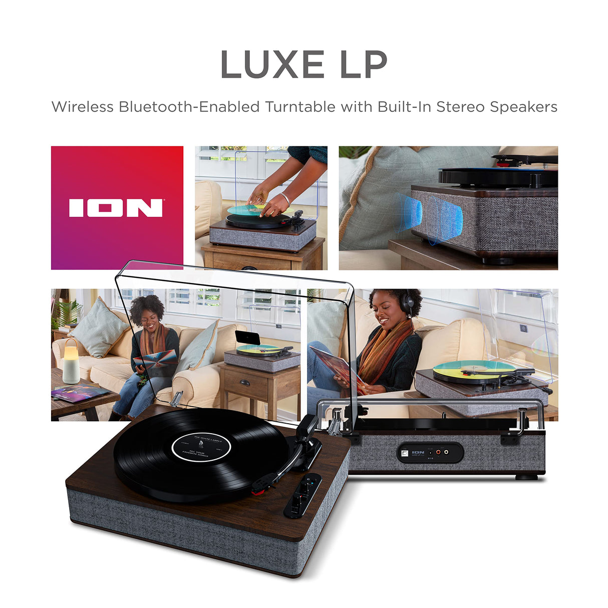 ION Audio Luxe LP - Tocadiscos de Vinilo Bluetooth con Altavoces, conversión USB, Plato de tamaño Completo, Auto-Stop, Salida de Auriculares, 3 velocidades, Madera Tintada