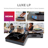 ION Audio Luxe LP - Tocadiscos de Vinilo Bluetooth con Altavoces, conversión USB, Plato de tamaño Completo, Auto-Stop, Salida de Auriculares, 3 velocidades, Madera Tintada