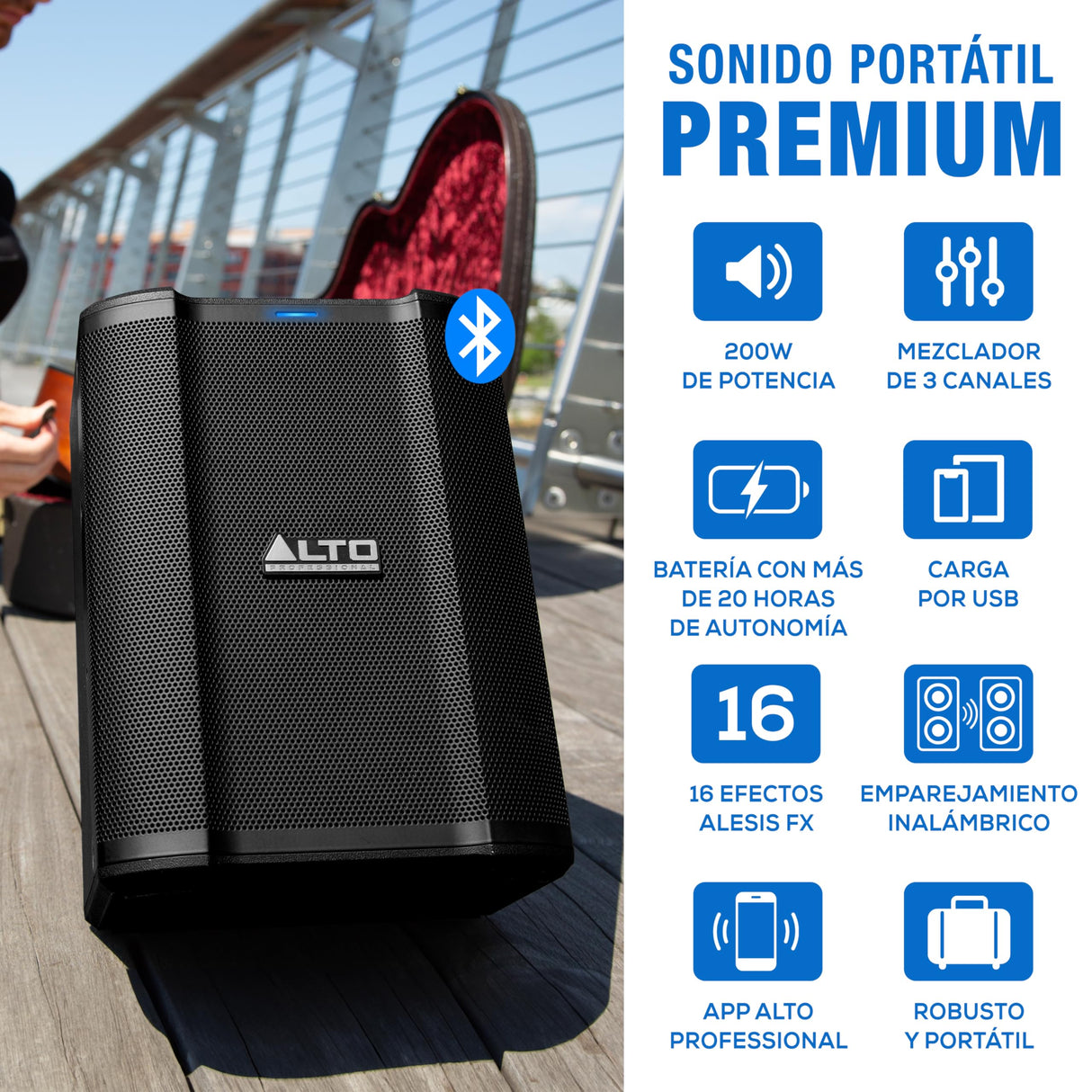 Alto Busker Altavoz Autoamplificado Portátil Grande de 200W con Bluetooth, Batería Recargable, Mesa de Mezclas 3 Canales, Alesis FX, App, Carga USB
