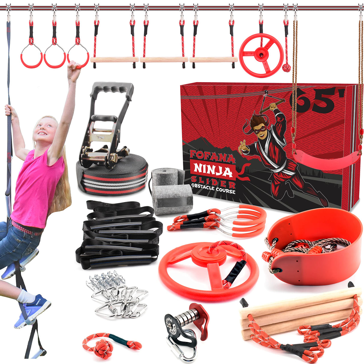 Ninja Warrior Obstacle Course for Kids Outside 19.8 Meters - Ninja Slider Included - Largest 11 Ninja Course Obstacles - Climbing Ladder, Spinning Wheel, Gym Ring