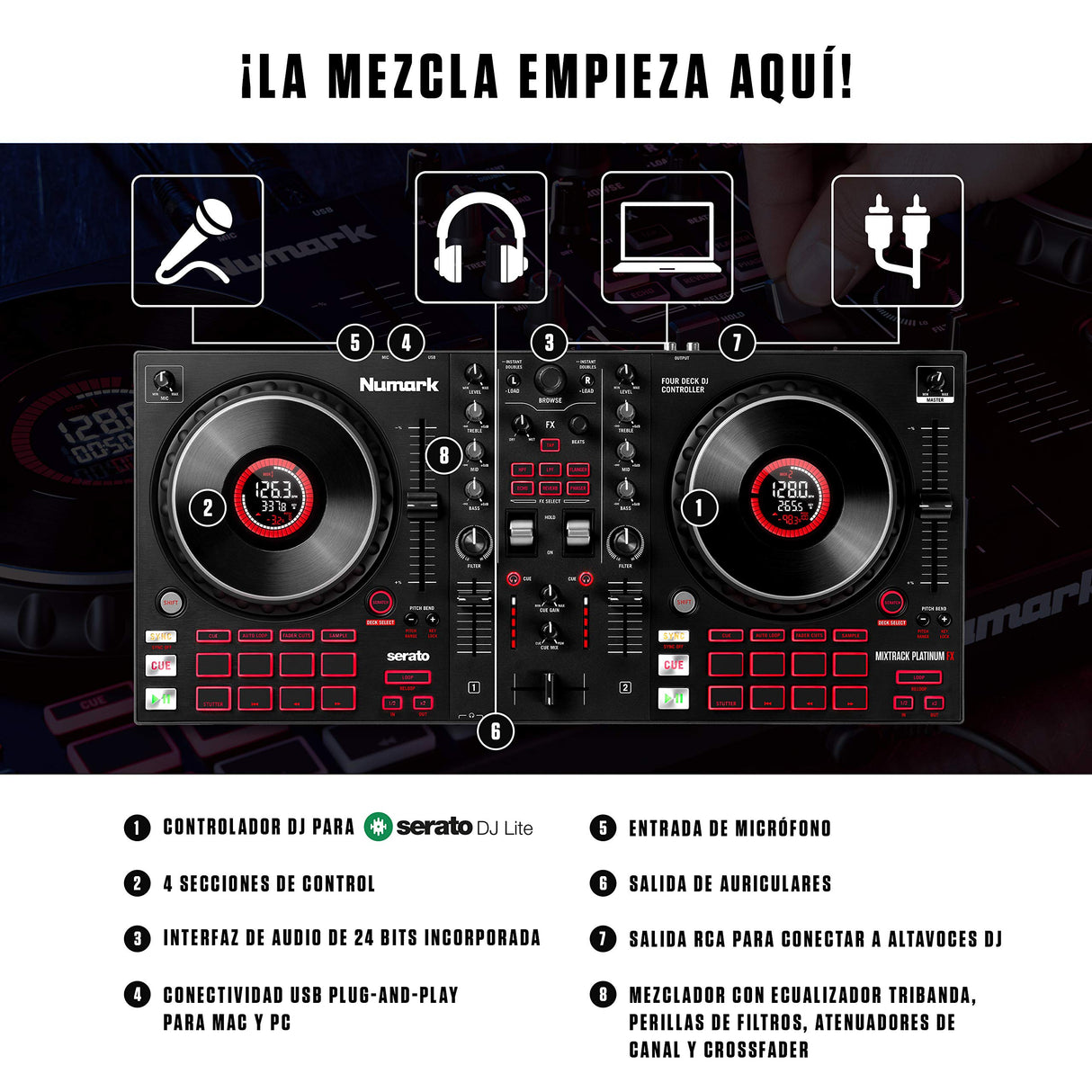 Numark Mixtrack Platinum FX Controlador DJ para Serato DJ Con Control de 4 Secciones, Mezclador DJ, Interfaz de Audio Incorporada, Pantallas en Las Ruedas de Selección y Paletas de Efectos