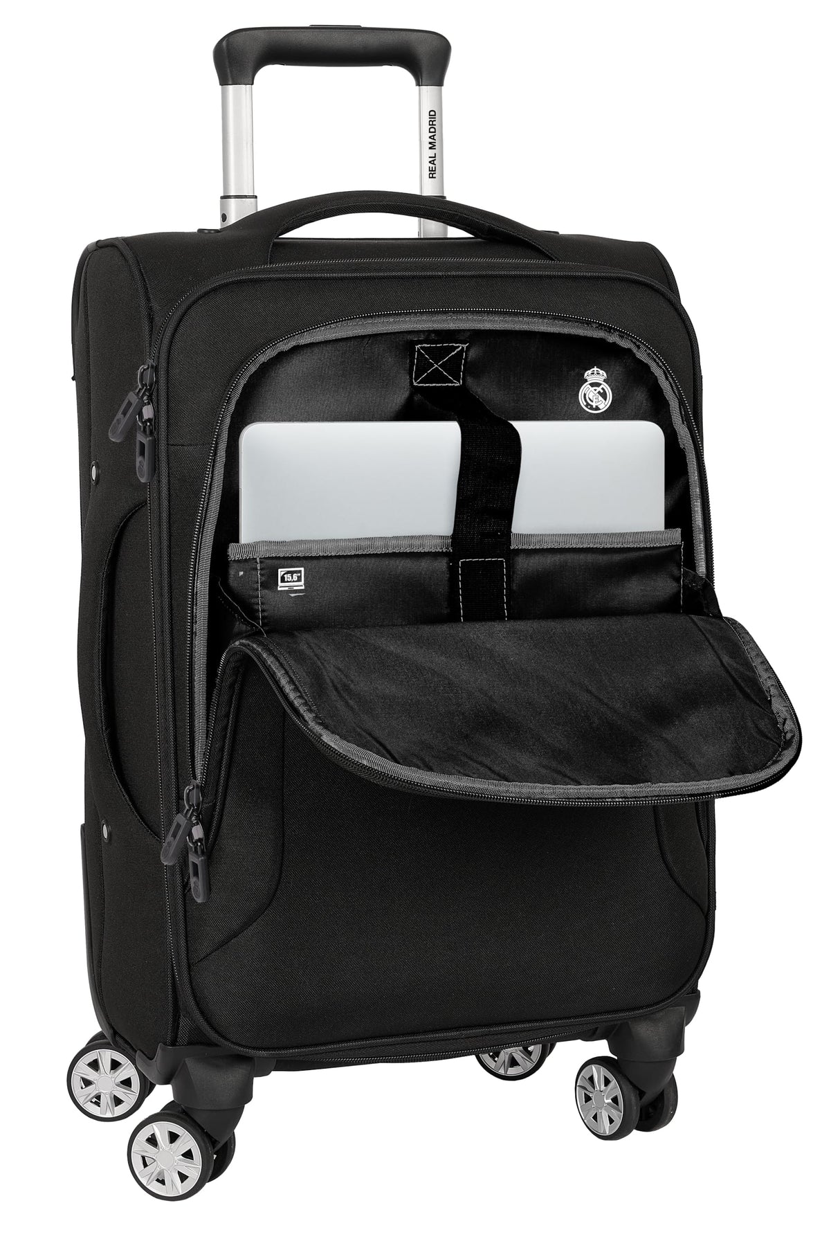 Real Madrid Premium - Trolley Cabina Blanda 20 Pulgadas, Maleta con Ruedas, Candado de Seguridad, Maleta Ligera, 35x20x51 cm, Color Negro