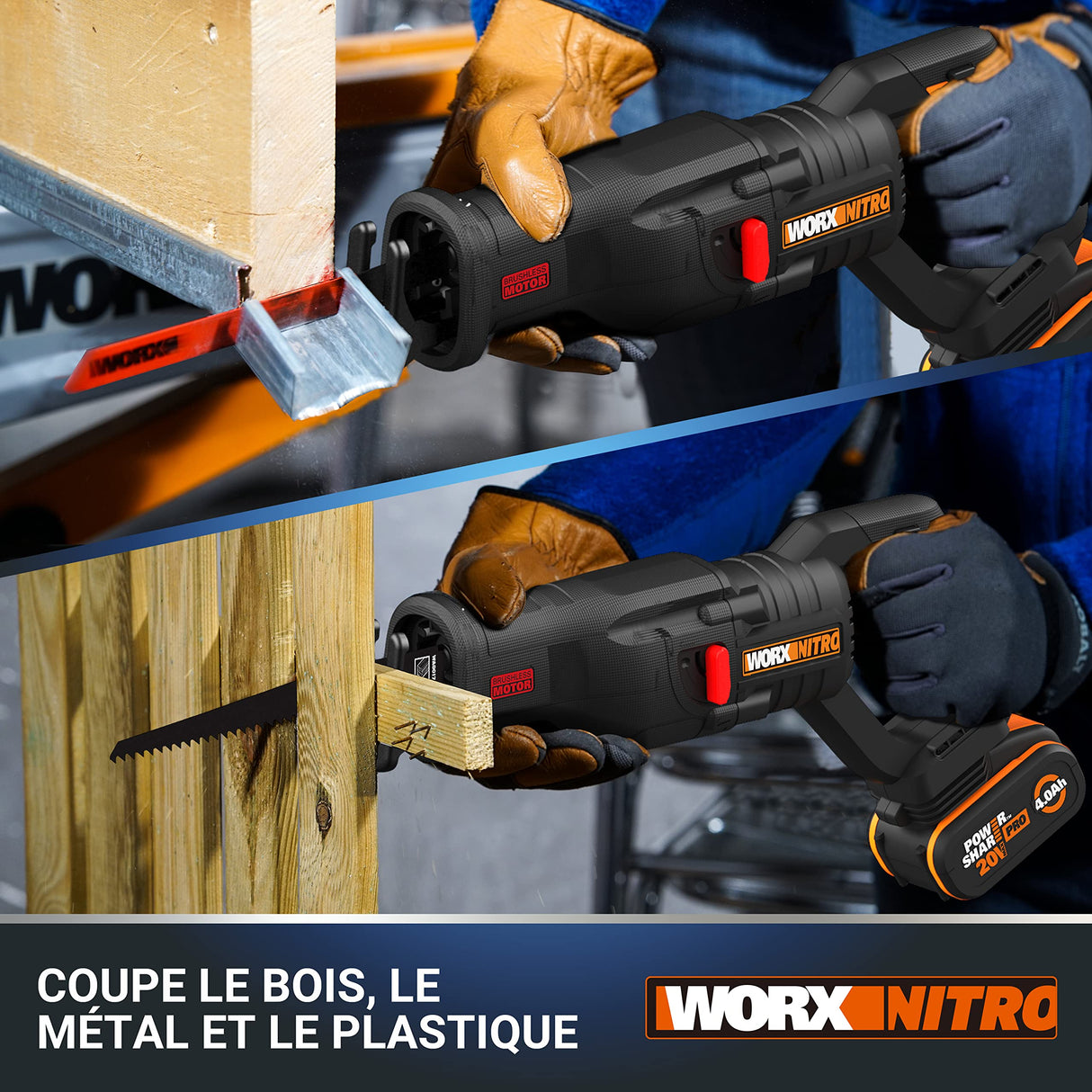 WORX Sierra sable Brushless 20V | PowerShare | WX516-1 batería 4Ah | Motor sin escobillas, patín pivotante ajustable, cambio de cuchilla sin herramientas
