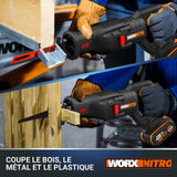 WORX Sierra sable Brushless 20V | PowerShare | WX516-1 batería 4Ah | Motor sin escobillas, patín pivotante ajustable, cambio de cuchilla sin herramientas
