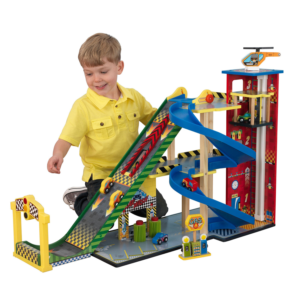 KidKraft Garaje y Pista Mega Ramp para niños 3+ años, Parking con Ascensor Funcional, gasolinera, señales de tráfico, 5 Coches de Juguete y un helicóptero (63267)