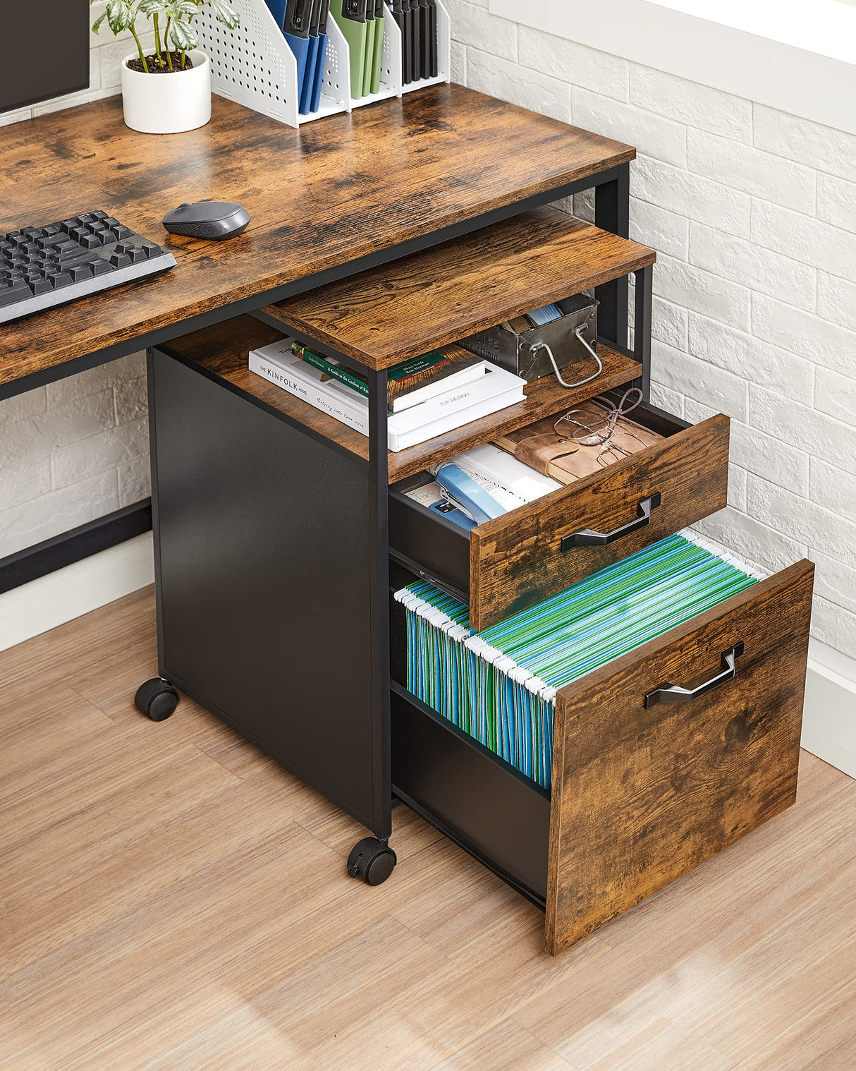 VASAGLE Archivador Móvil con 2 Cajones, Archivador de Oficina con Ruedas, Compartimento Abierto, Marco de Acero, Estilo Industrial, Marrón Rústico y Negro Tinta OFC71X