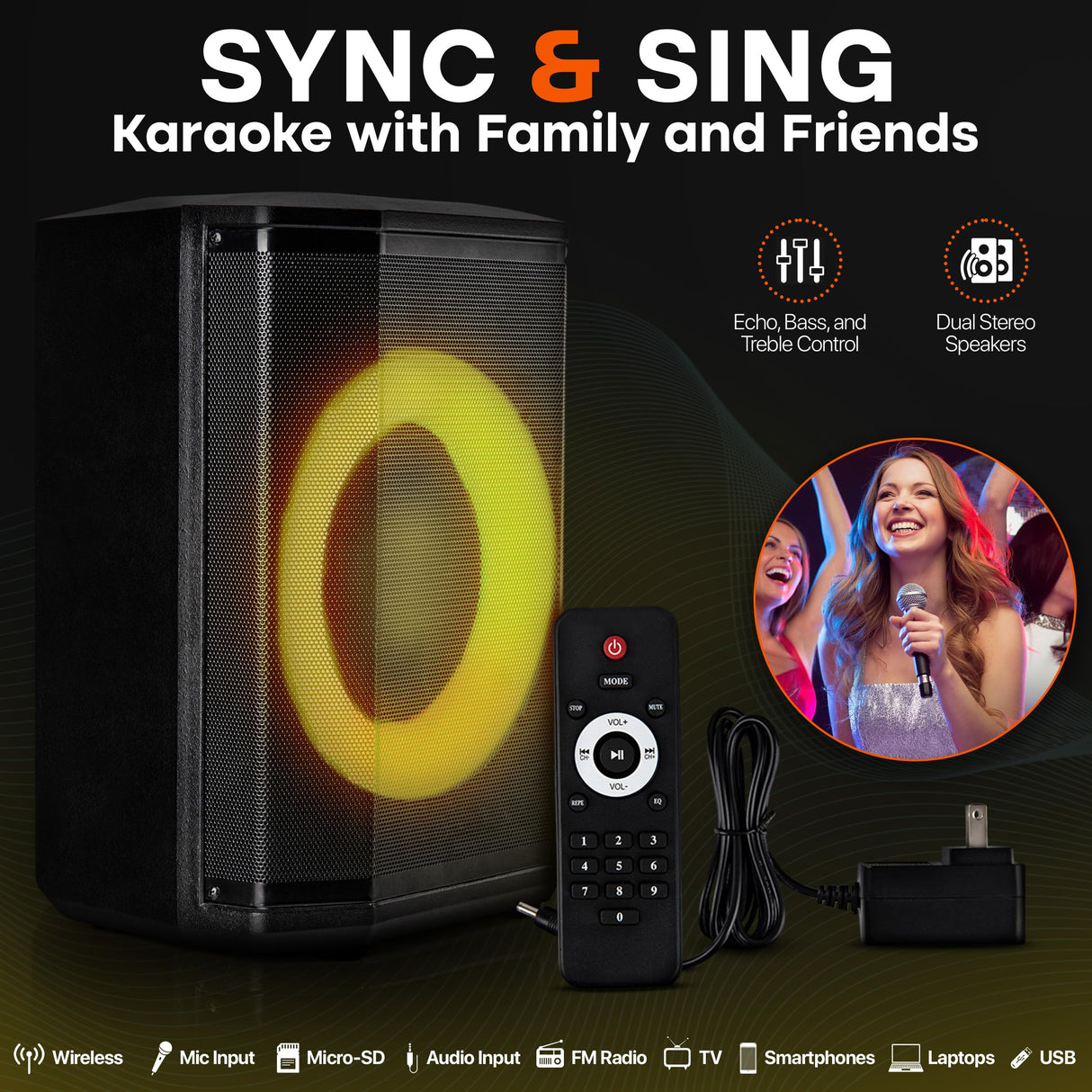 Pyle Portable Bluetooth Speaker with 8" Inch Woofer, TWS, Mic Input, USB/SD/FM Radio, Colorful Ring Lights, 120 W Rechargeable Battery, Tripod Stand & Speaker Bag, Hi-Fi Sound, Outdoor/Indoor Use