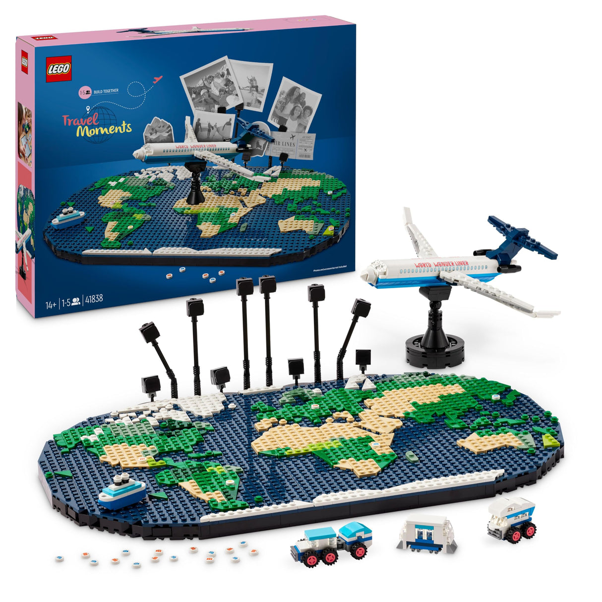 LEGO Family Momentos de Viaje, Manualidad y Actividad en Familia, Juguete de Construcción, Portafotos y Maqueta de Avión, Decoración Mapamundi para Salón, Regalo para Viajeros de 14 Años o Más 41838