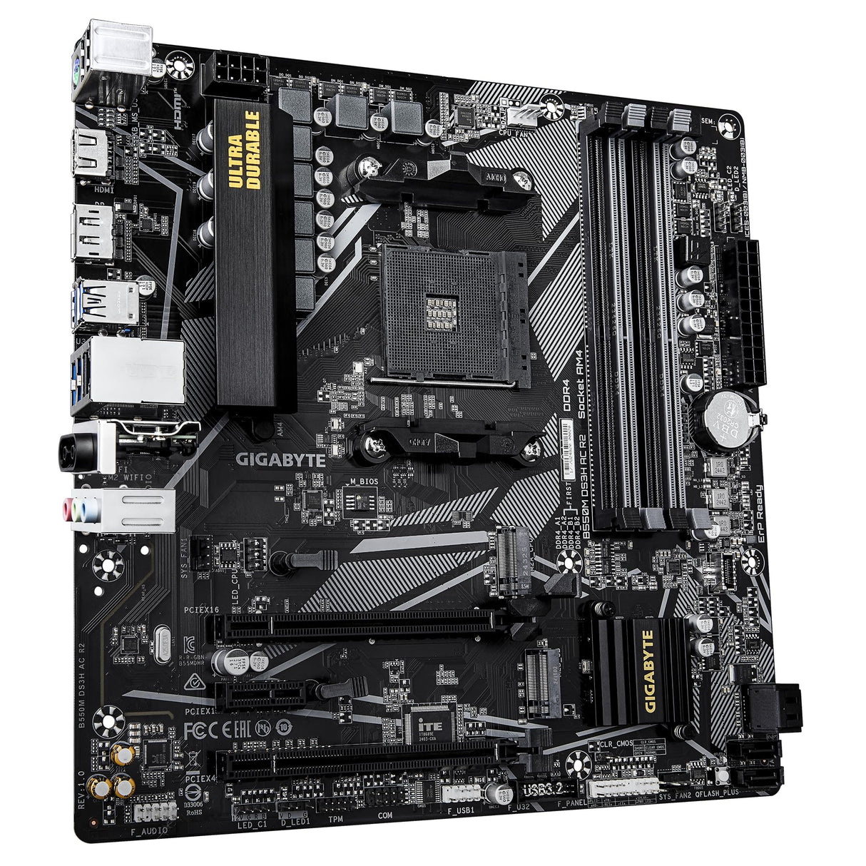 GIGABYTE B550M DS3H AC R2 Placa Base - Procesadores AMD Ryzen 5000, VRM de 5+3 Fases, hasta 4733 MHz DDR4 (O.C.), 1x M.2 PCIe 4.0 + 1x M.2 PCIe 3.0, Wi-Fi 5, LAN 1 GbE, USB 3.2 Gen 1
