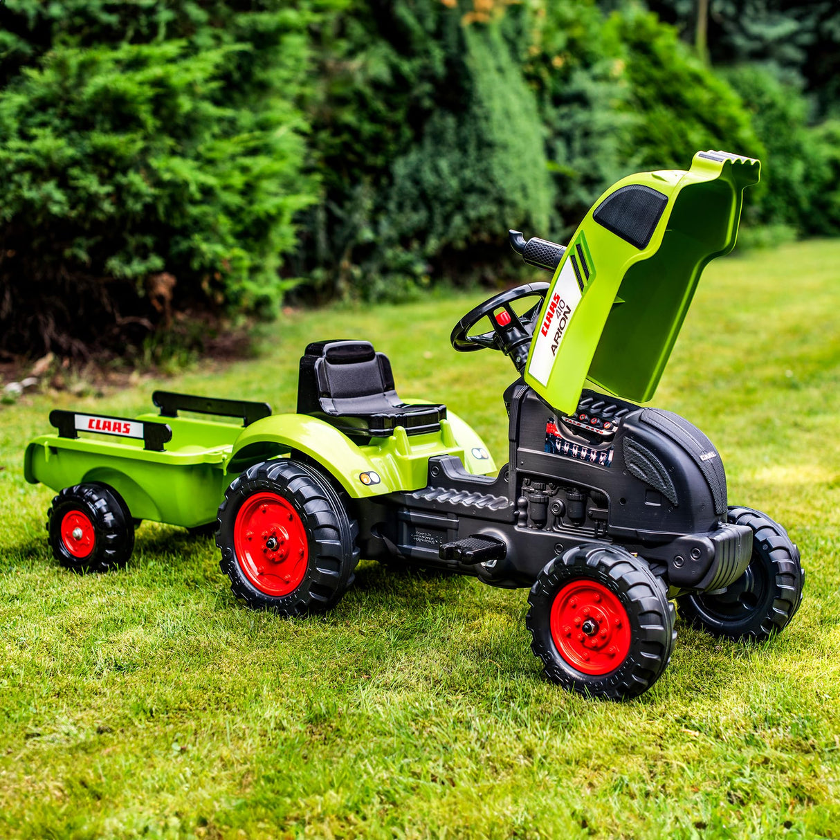 FALK - Tractor a Pedales Claas con Remolque, A Partir de 2 años, Volante con bocina, Verde Caqui (2041C)