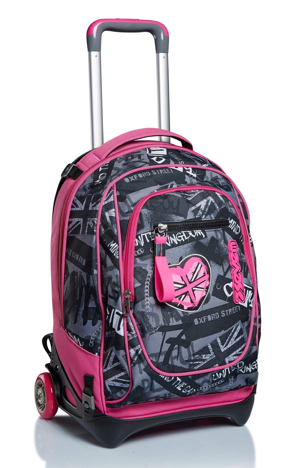 NEW TECH KEEP FLAG - Mochila Escolar 3 en 1 Desmontable + Carro, Trolley Rosa y Negro - Sistema Salva Tirantes