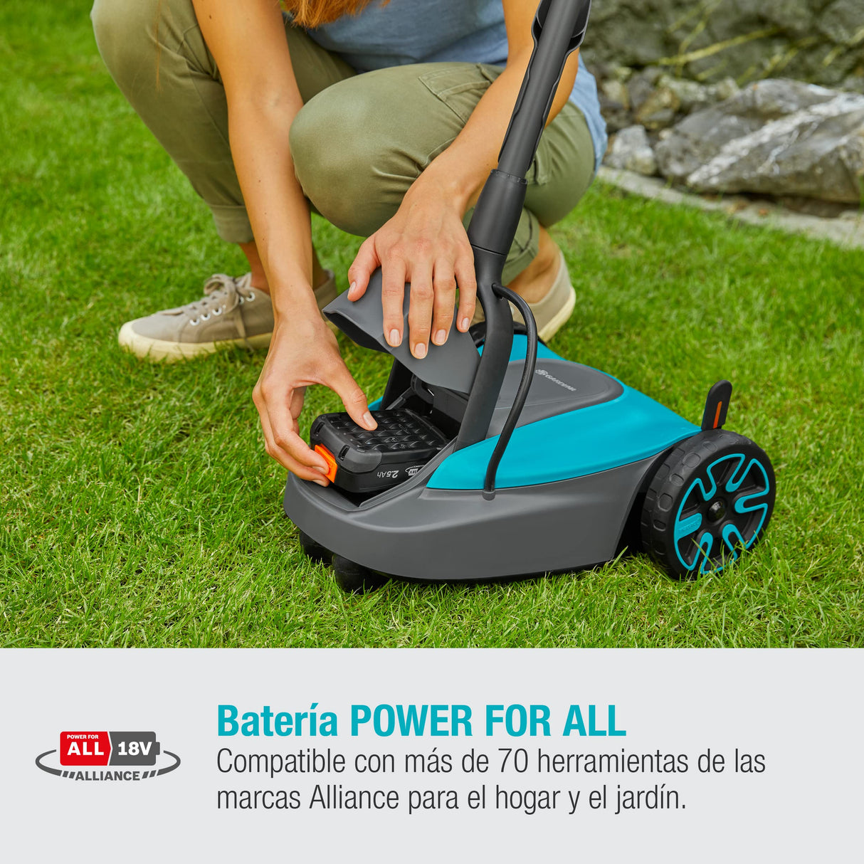 Gardena Cortacésped a batería HandyMower 22/18V P4A sin batería: cortacésped manual, para céspedes hasta 50 m², altura de corte ajustable, función de mulching (14620-55)