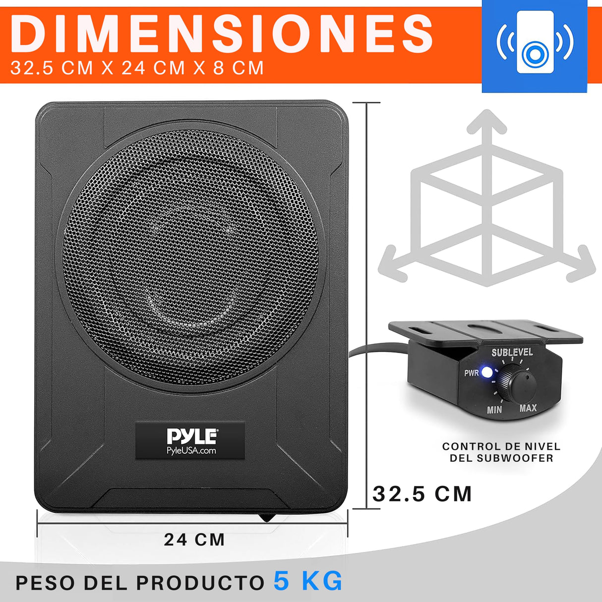 Pyle Sistema de subwoofer Amplificado de Perfil, Audio para Coche, Bajo de 8”, Activo, Cerrado, Compacto, 600V, Amplificador Incorporado