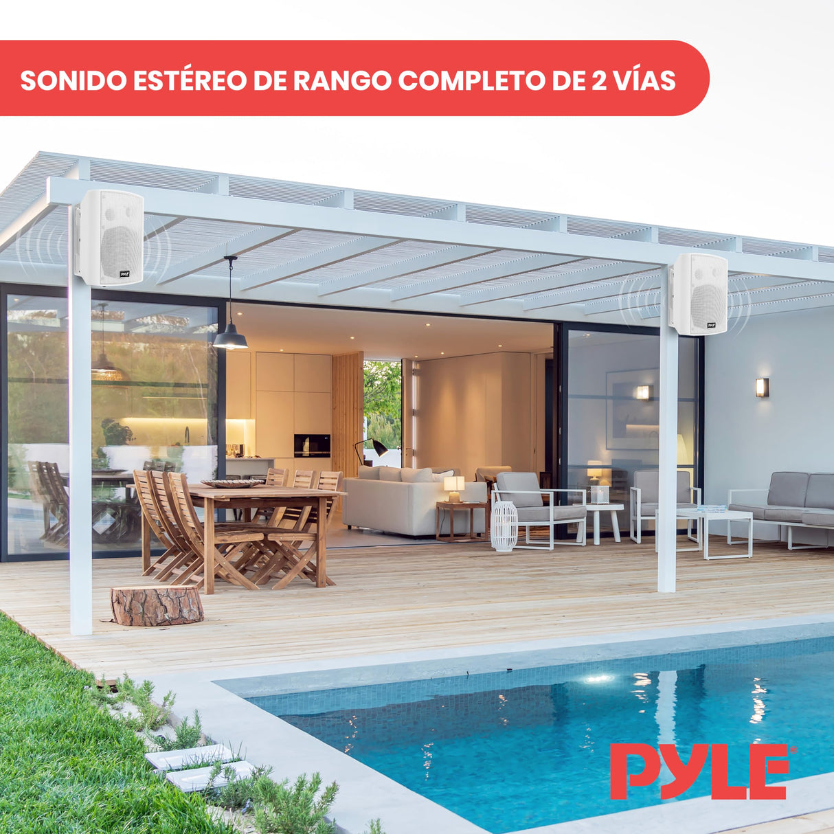 Pyle Sistema de par de Altavoces, Activo, Pasivo, Resistentes a la Intemperie, Inalambricos, Sonido Estereo, Interiores, Exteriores, AUX, Bluetooth, Blanco
