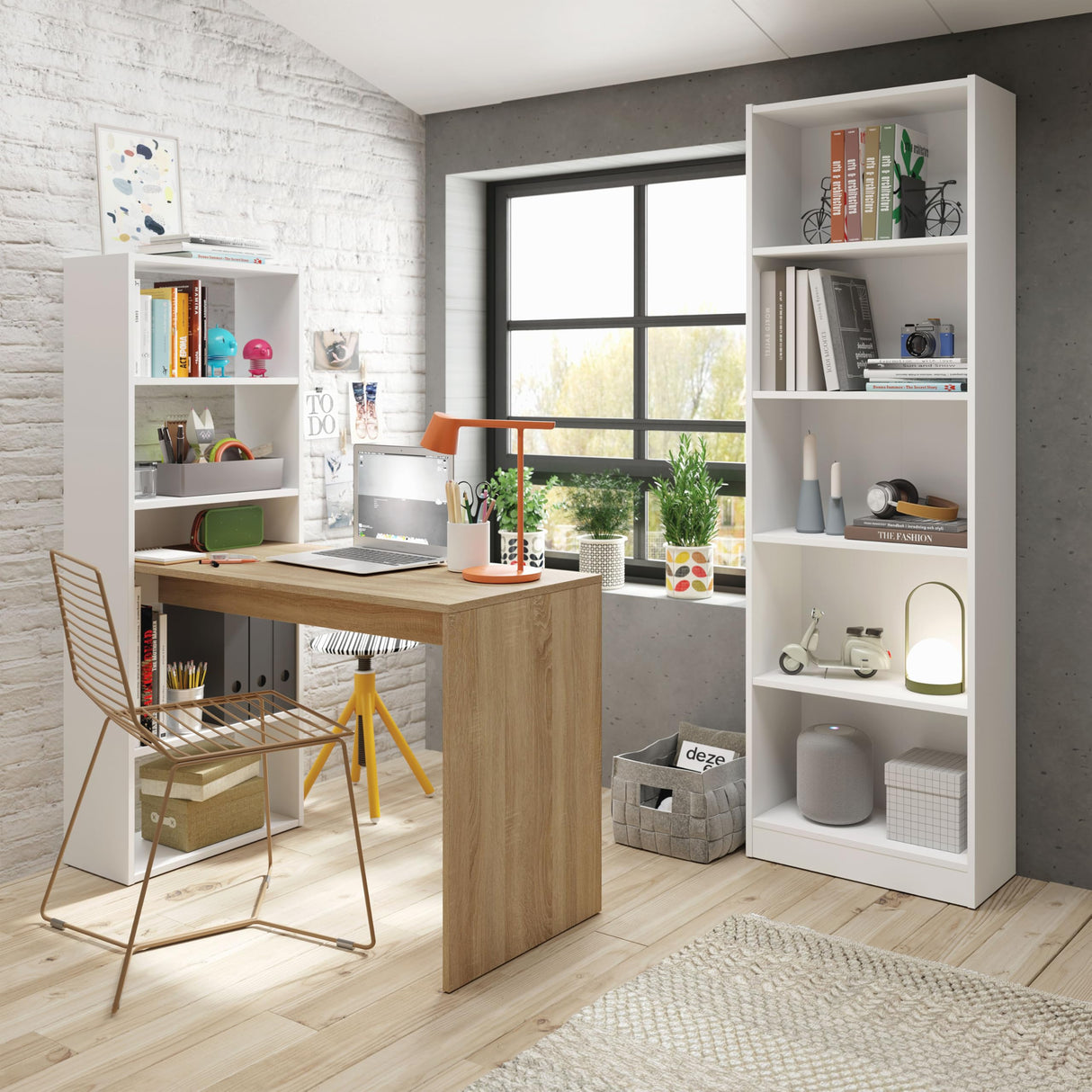duehome | Escritorio Juvenil con Estanteria Reversible, Mesa de Ordenador, Modelo Cosmic, Acabado en Blanco Artik y Roble Canadian, Medidas: 120 cm (Largo) x 53 cm (Ancho) x 144 cm (Alto)