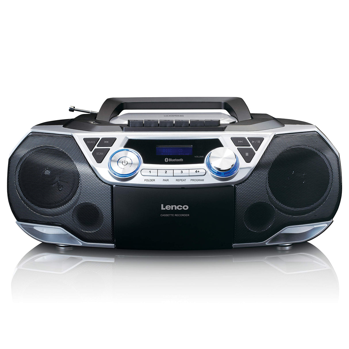 Lenco SCD-120SI - Boombox - Bluetooth 5.0 - Toploader Reproductor de CD/MP3 - Pletina de Casete - Radio FM - USB - 2 x 6 W RMS - Bass Reflex - Mando a Distancia - Plata