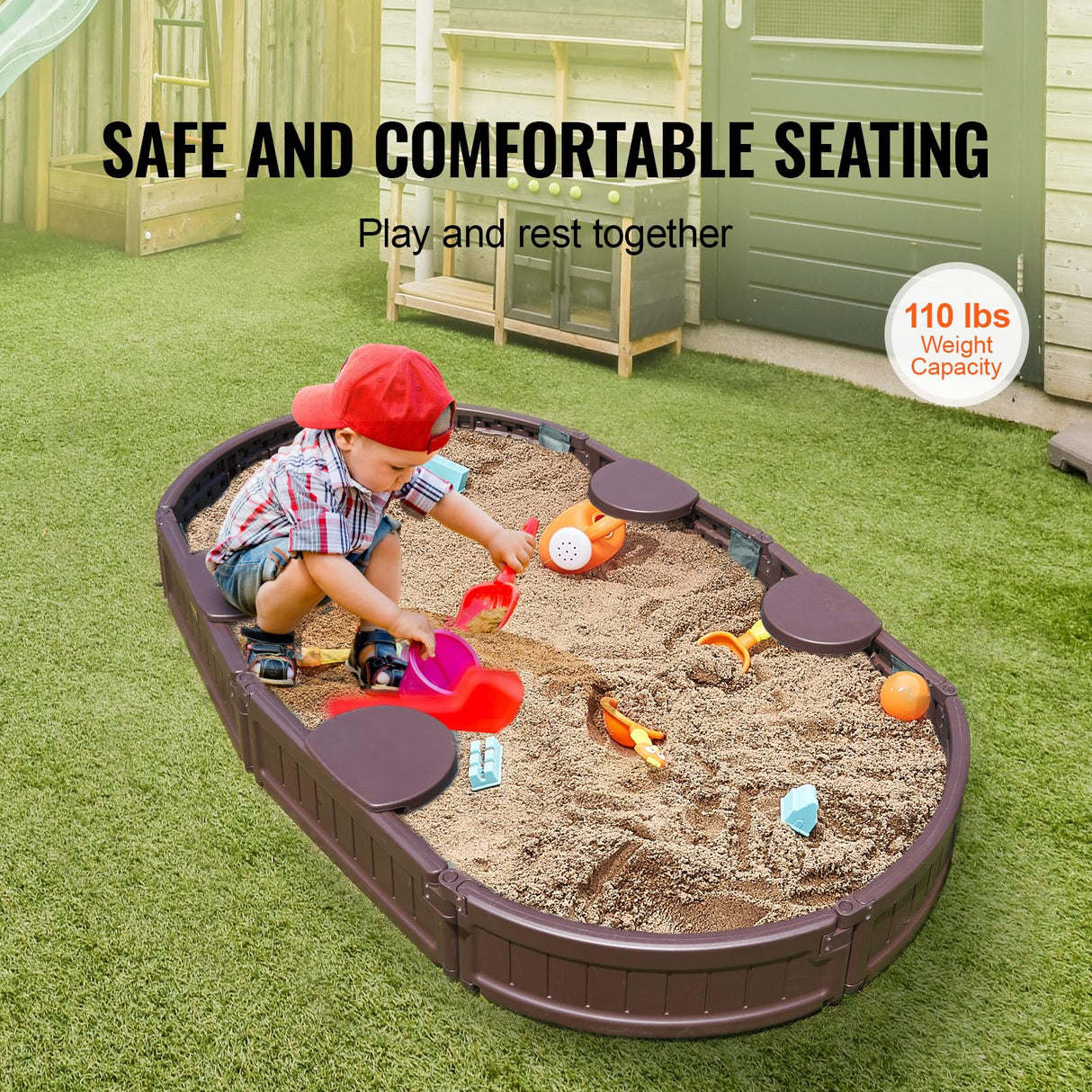 VEVOR Caja de Arena con Tapa Areno de HDPE Ovalado de 183x105,5x23cm con 4 Asientos en Las Esquinas y Revestimiento Inferior para Niños de 3 a 12 Años para Patio al Aire Libre, Playa, Parque, Marrón